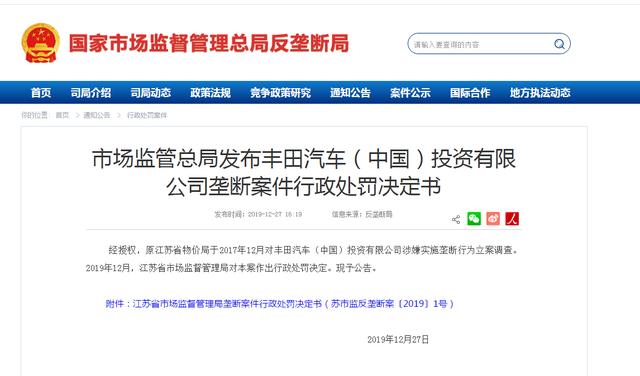 丰田中国被罚超8700万：违反《反垄